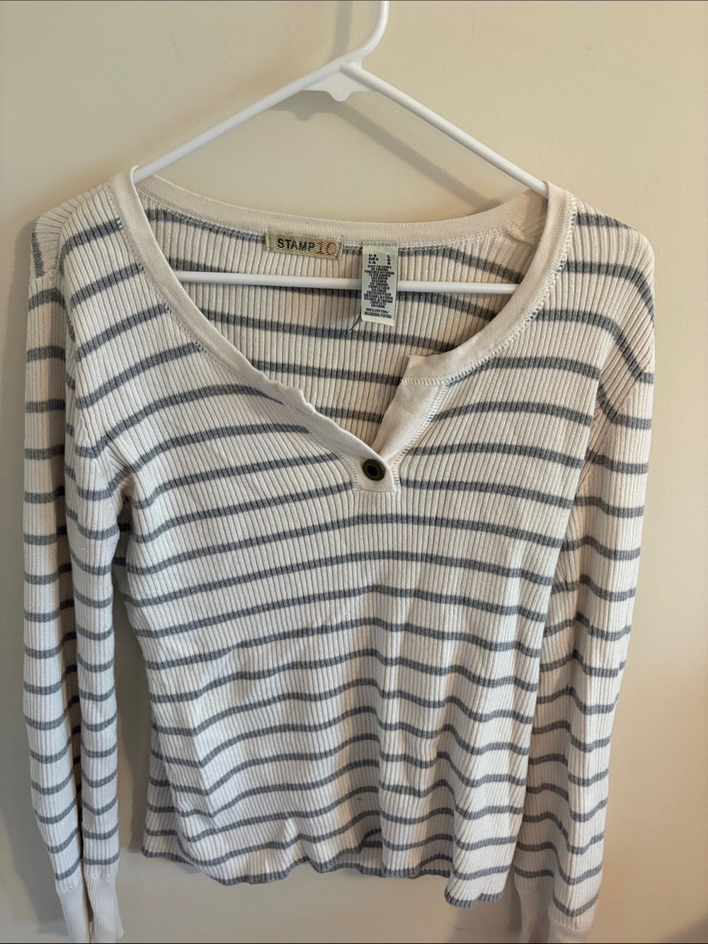 Stamp 10 Women's Striped Elena Gilbert Ribbed Henley Top - White & Gray